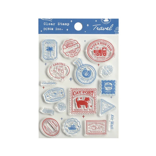 Clear stamps with travel-themed designs on a blue and white packaging