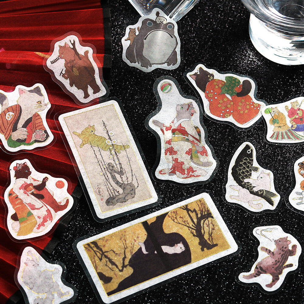 Japanese Cats Art Stickers | Deep Red