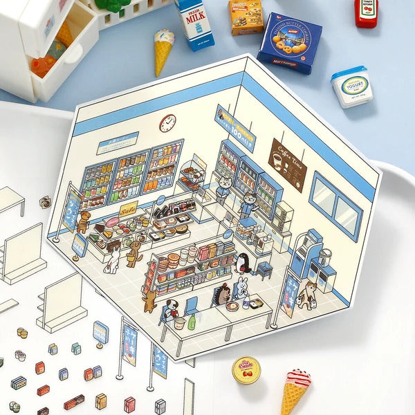 Illustration of a grocery store layout with various products and people inside.