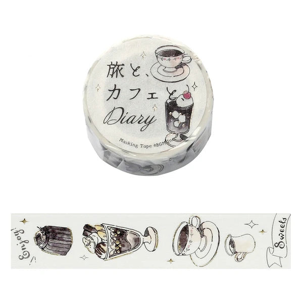 Decorative tape with coffee cup designs and text on a white background