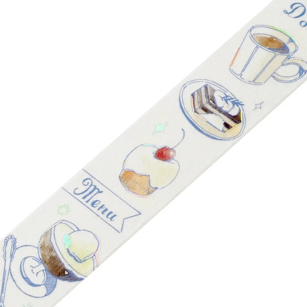 Decorative tape with food illustrations and the word 'Menu' on a white background