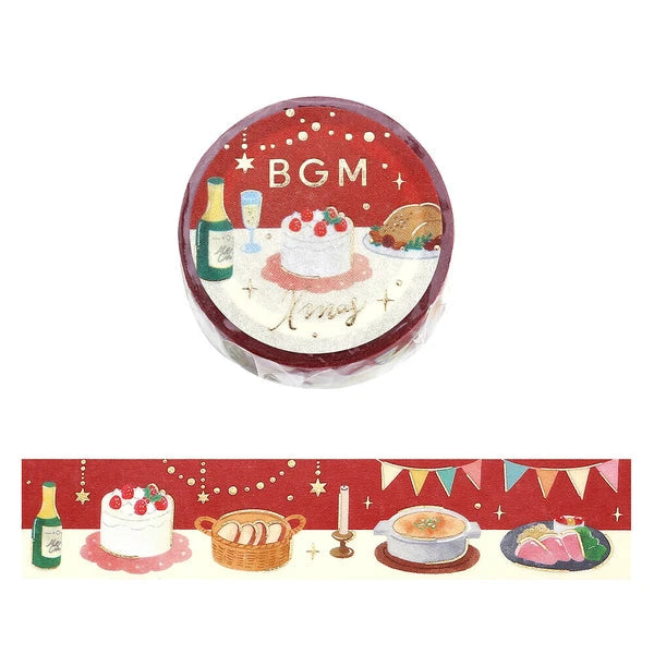 Decorative round box with illustrations of a cake, bottles, and other items on a red background.