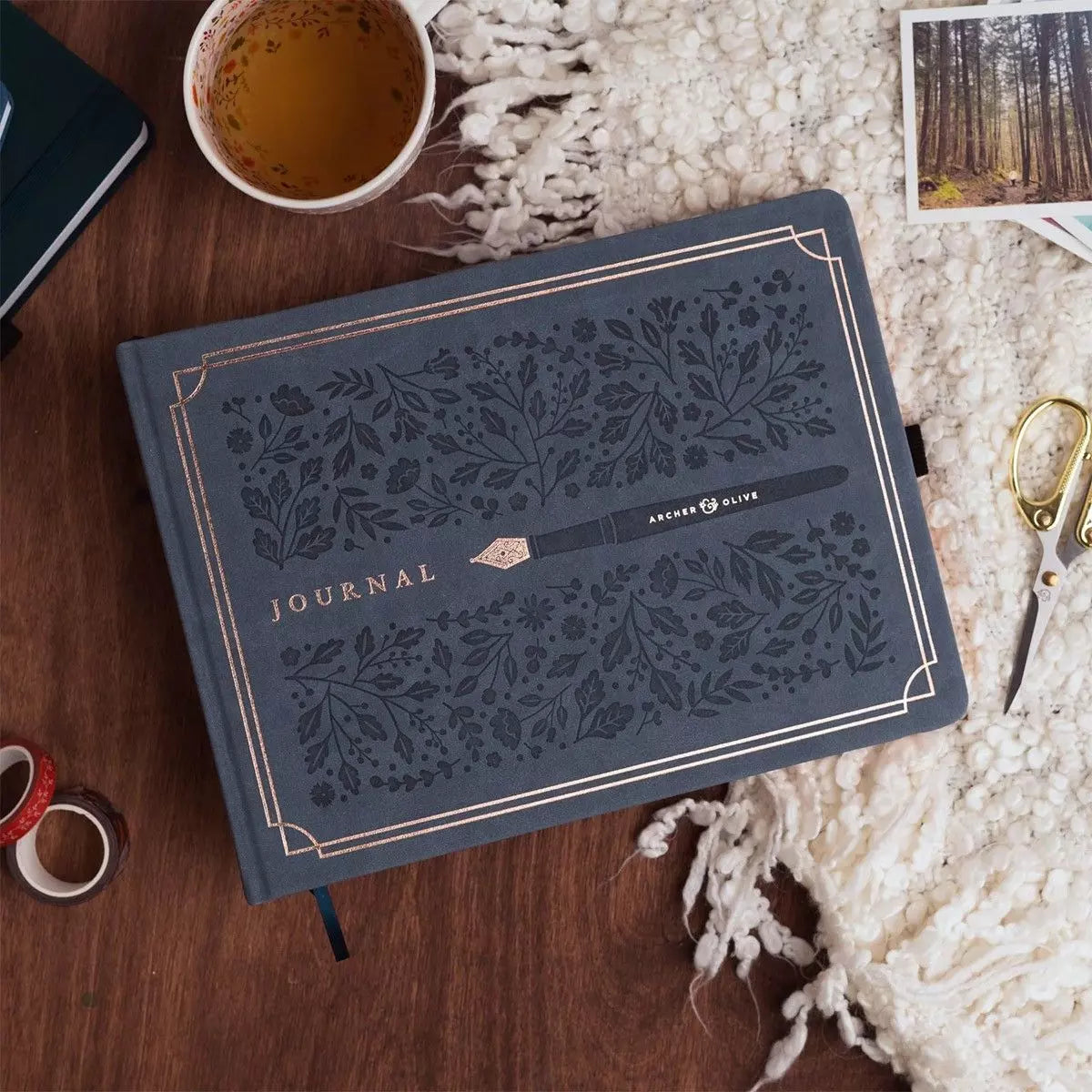 Archer & Olive Letter-size Heirloom Dotted Notebook with dark blue floral cover - Paper Kooka Stationery Australia