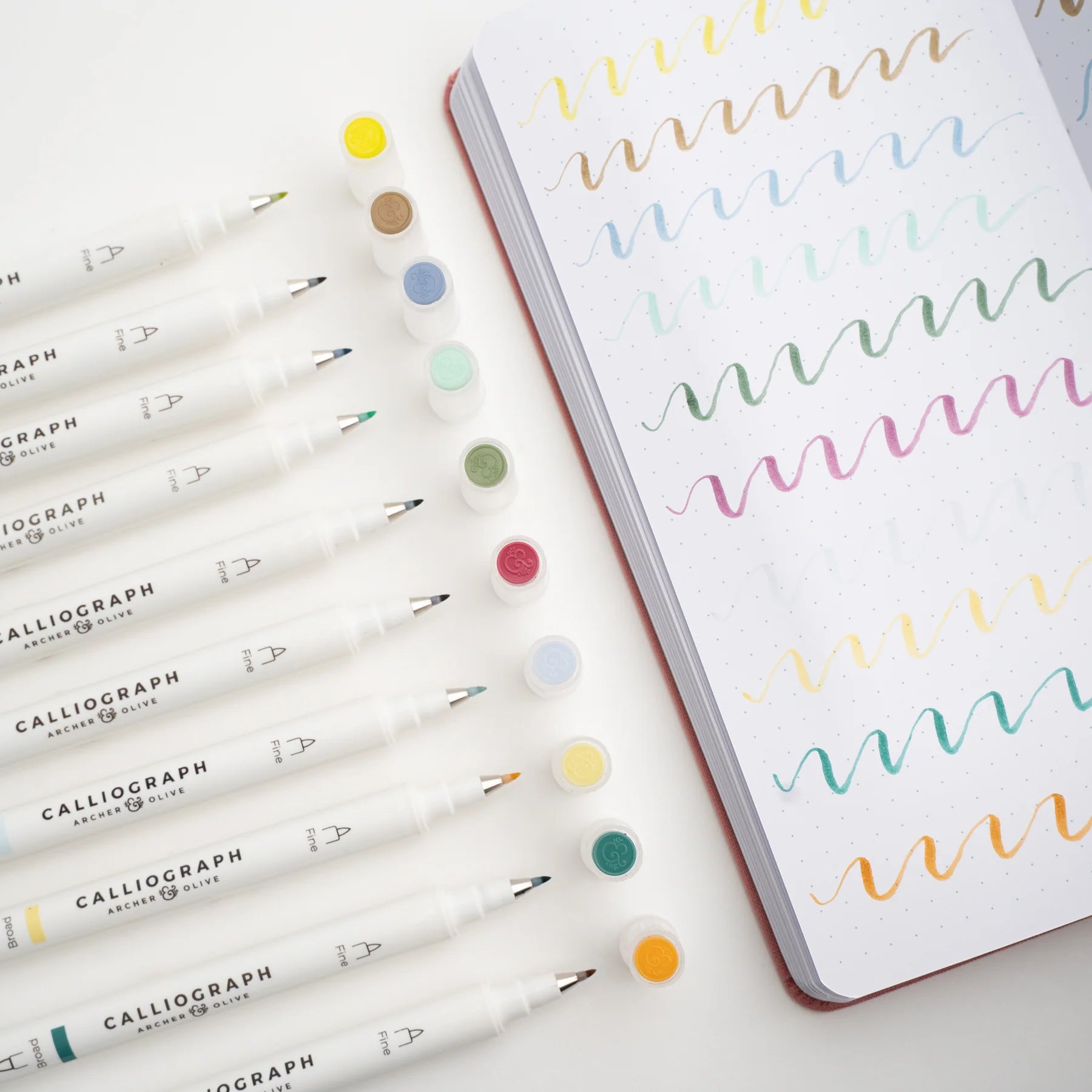 Archer & Olive Night Blooms Calliograph Brush Pens Set smal brush tips colour swatches - Paper Kooka Stationery Shop Australia