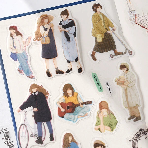 BGM Hobbies - Illustrated Book Collection PET & Washi Stickers with 15 designs with women playing guitar riding a bike meeting friends and reading - Paper Kooka Stationery Australia