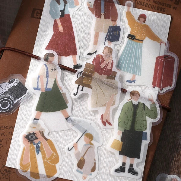 BGM Journey - Illustrated Book Collection PET & Washi Stickers 15 designs with luggage planes photo cameras and traveling women - Paper Kooka Stationery Australia