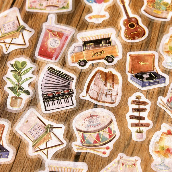 BGM Let's Party - Flea Market Collection Flake Stickers with accordions guitars drums backpack - Paper Kooka Stationery Australia