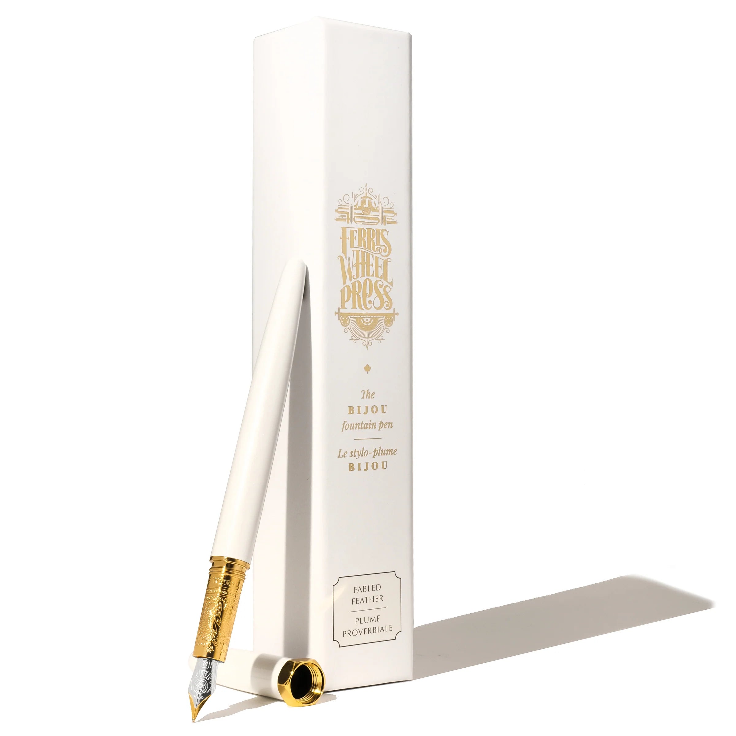 Ferris Wheel Press The Bijou Fountain Pen - Fabled Feather - white and gold with packaging - Paper Kooka Australia