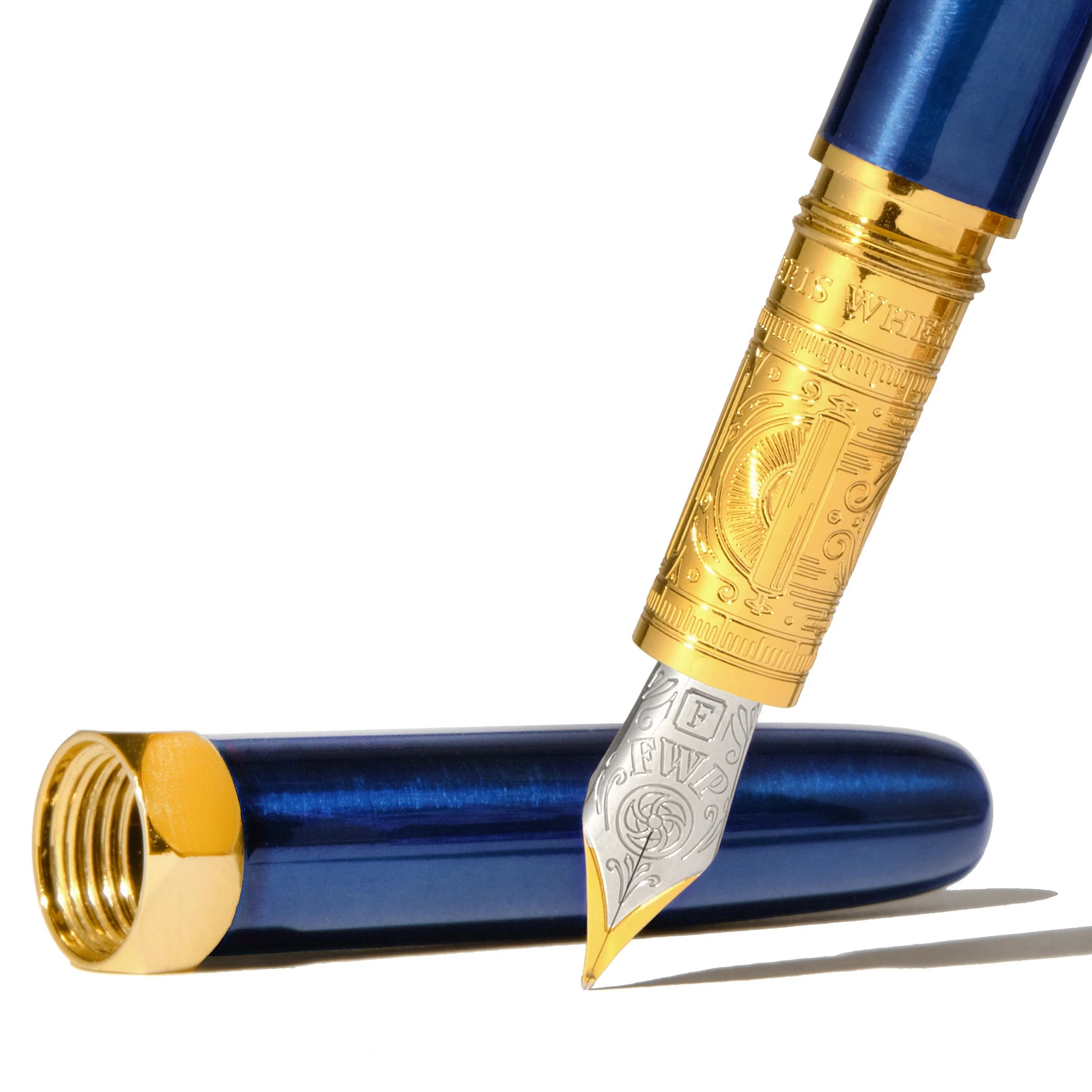 Ferris Wheel Press - The Bijou Fountain Pen in blue colour - Luna Celeste - gold nib and cap closeup - Paper Kooka Australia