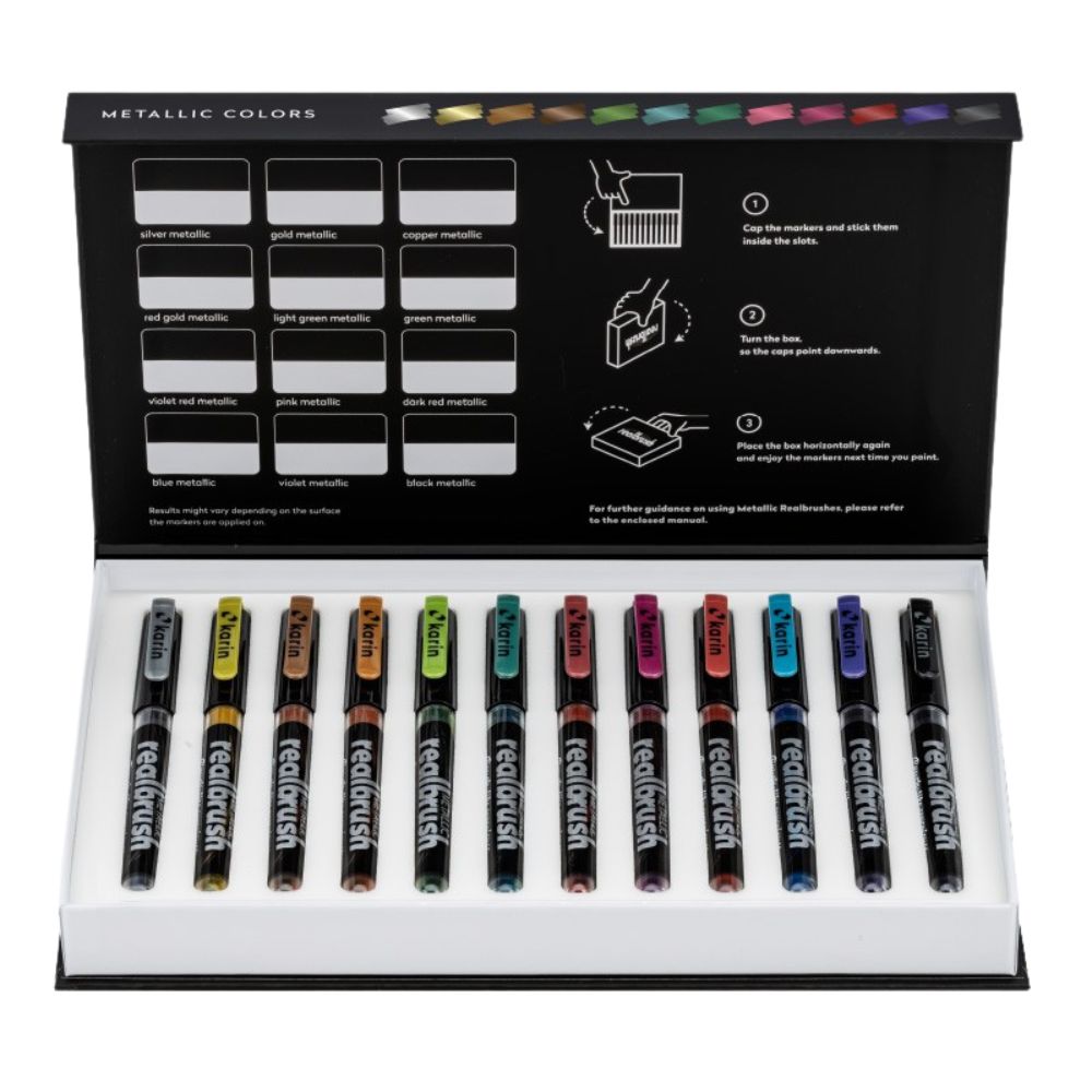 Karin Markers Realbrush Metallic Brush Pens set with 12 metallic markers with think japanese real brush tips - Paper Kooka Stationery Australia