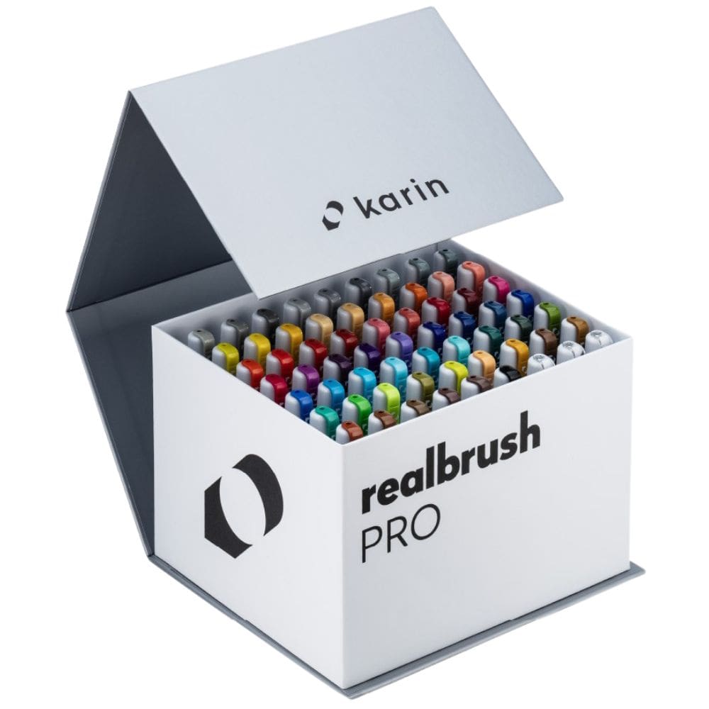 Karin Realbrush PRO MegaBox 60 Colours + 3 Blenders Set with japanese tip thin and flexible brush pens - Paper Kooka Stationery Australia