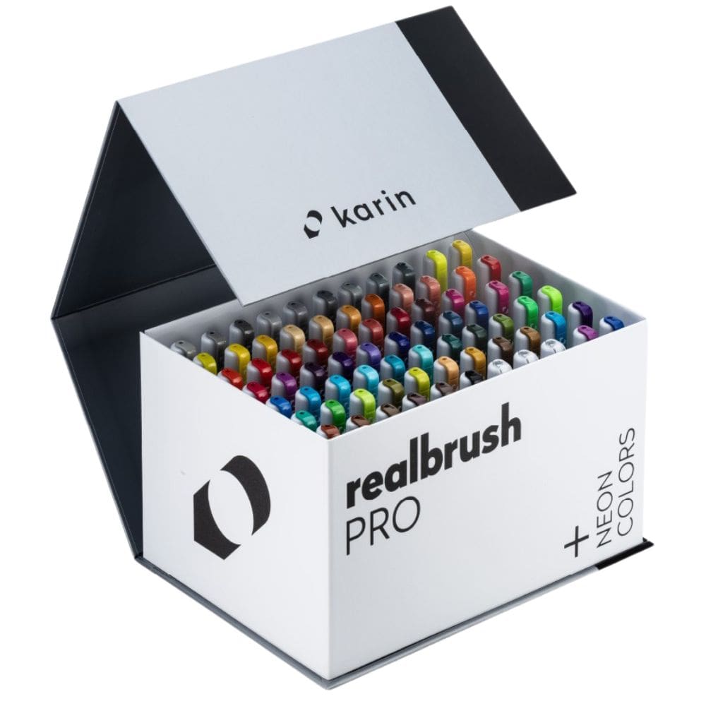 Karin Marker Realbrush PRO Megabox PLUS with 60 basic colours, 12 neon colours, and 3 blenders - Paper Kooka Stationery Australia