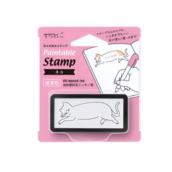 Paintable stamp with a cat design on pink packaging