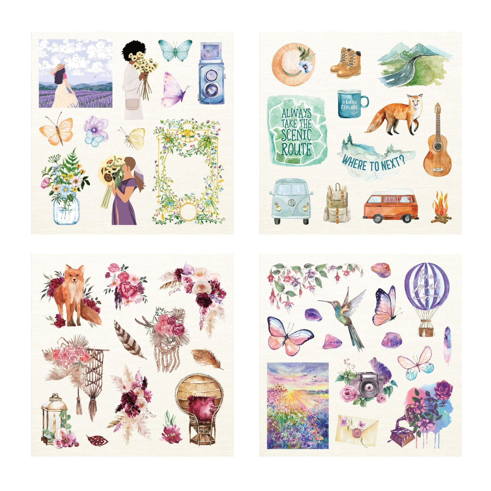 Peter Pauper Press Boho Dreams Sticker Book samples pages with forest animals birds and flowers - Paper Kooka Australia