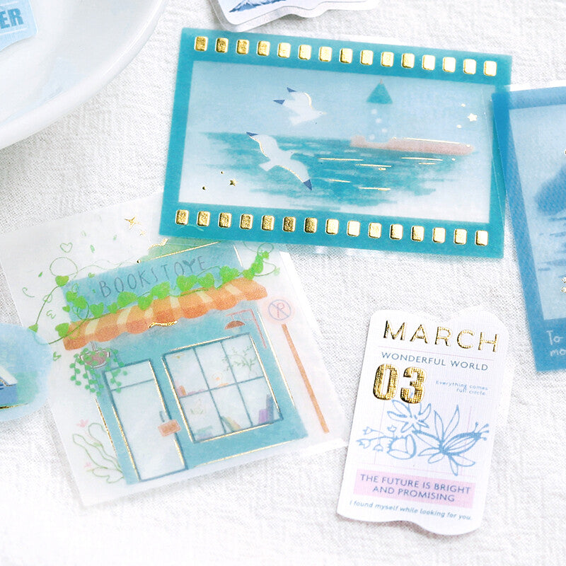 BGM Blue Leisure Time Tracing Paper Deco Stickers closeup - Paper Kooka Australia