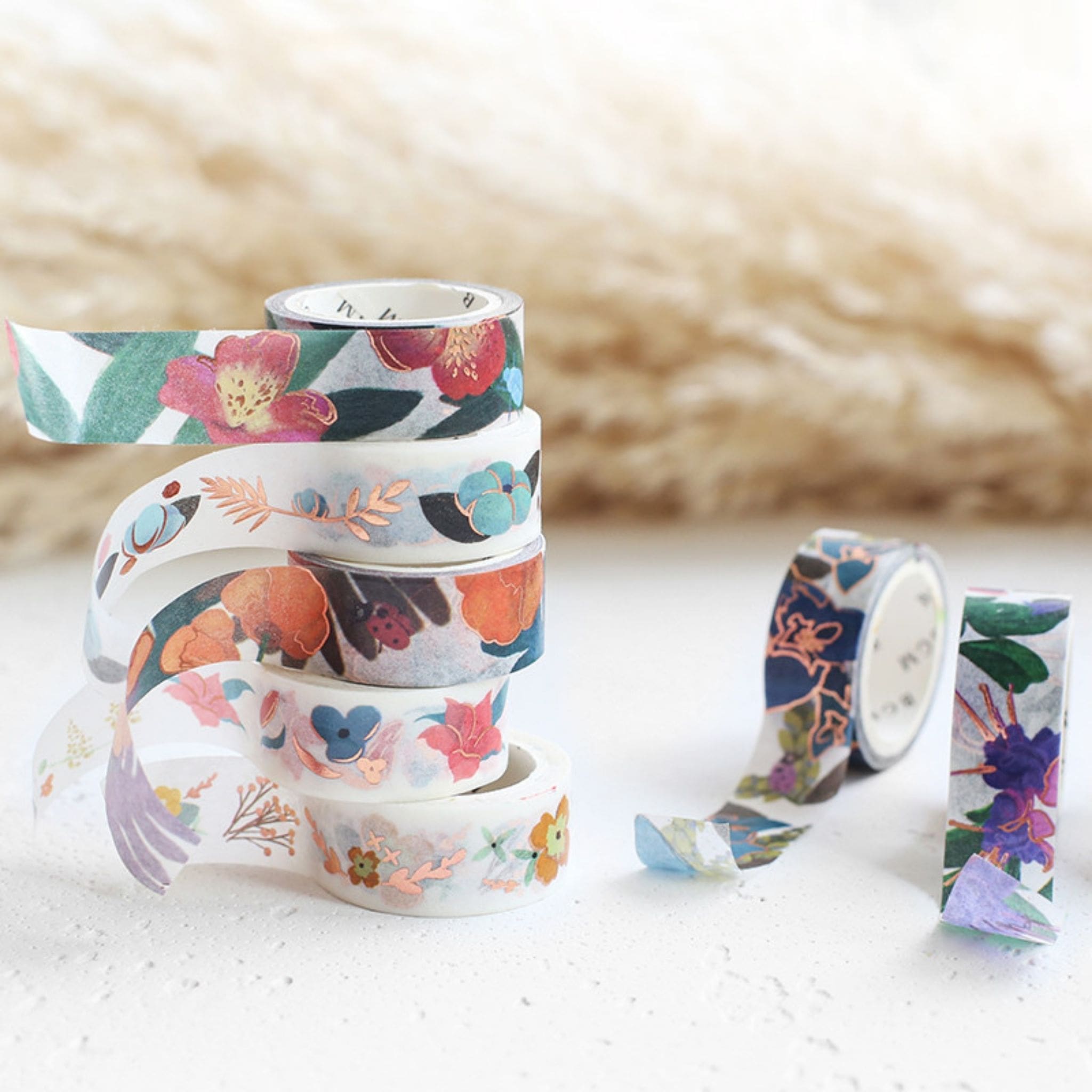 BGM Gold Pink Orange and Yellow Flowers washi tapes - Paper Kooka