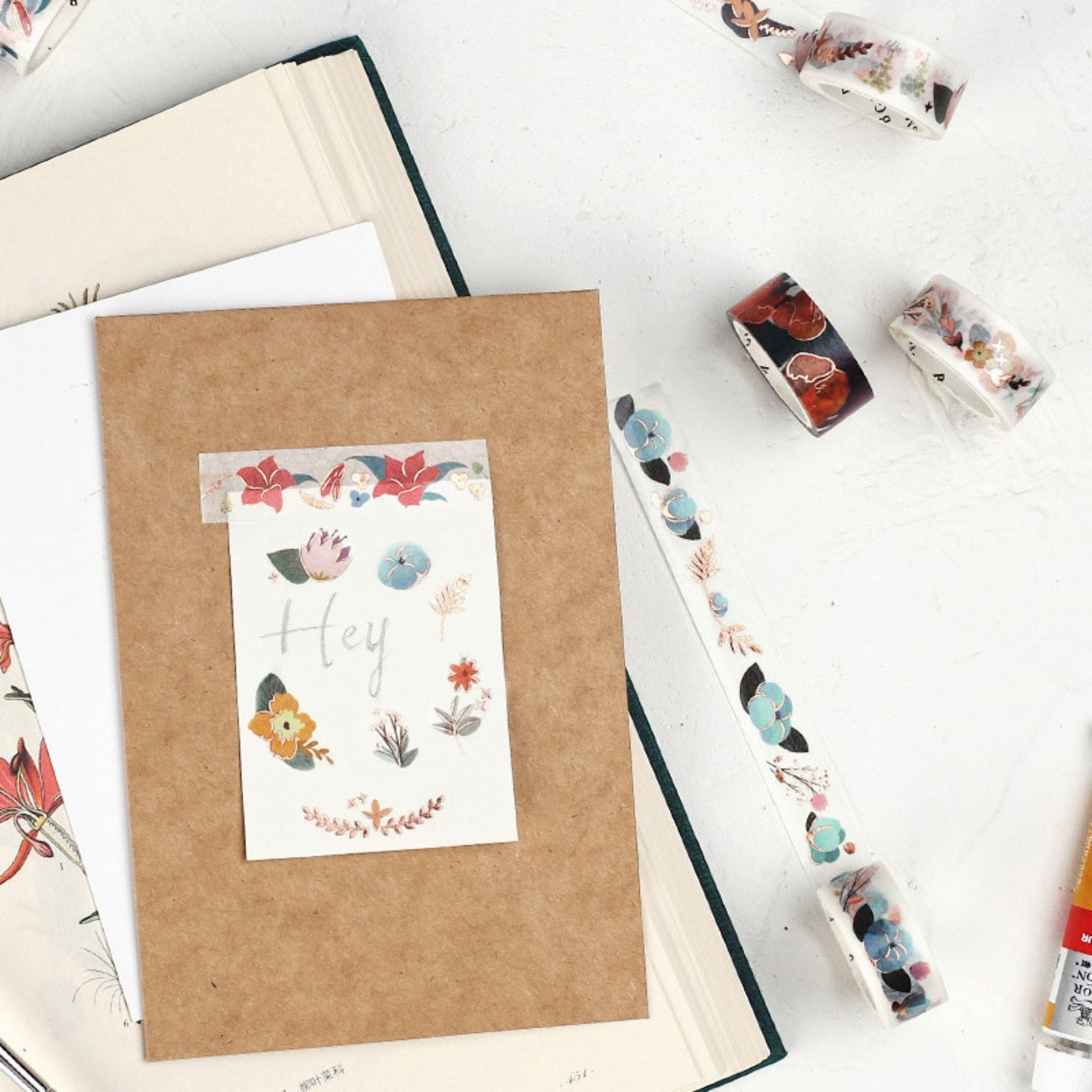 BGM Gold Pink Flowers washi tape and card - Paper Kooka