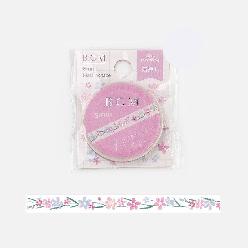 BGM Silver Flower Branch thin washi tape with pink flowers - Paper Kooka