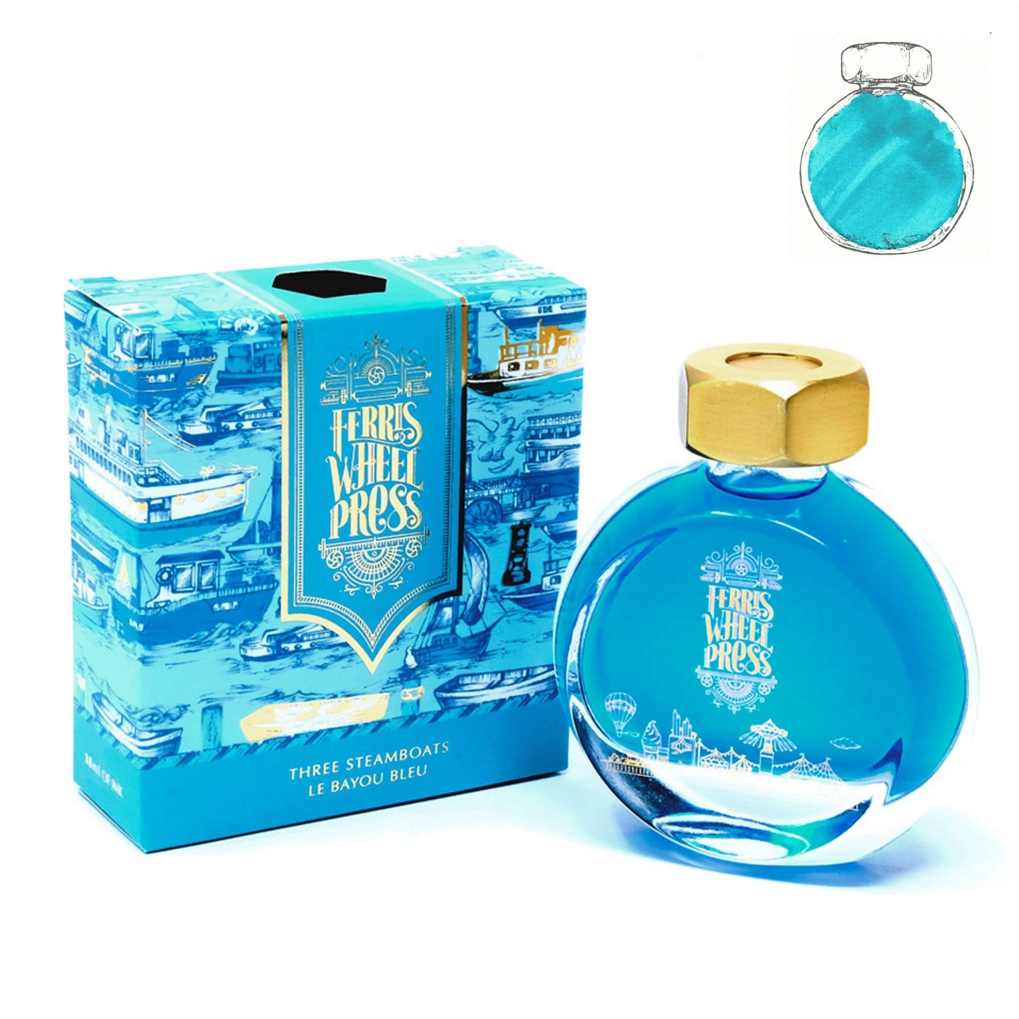 Ferris Wheel Press 38ml Three Steamboats light blue fountain pen ink in a bottle - Paper Kooka