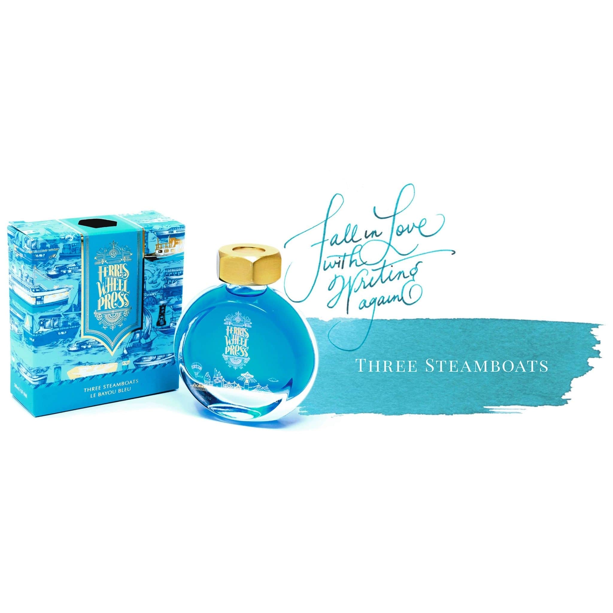 Ferris Wheel Press 38ml Three Steamboats light blue fountain pen ink sample of writing - Paper Kooka