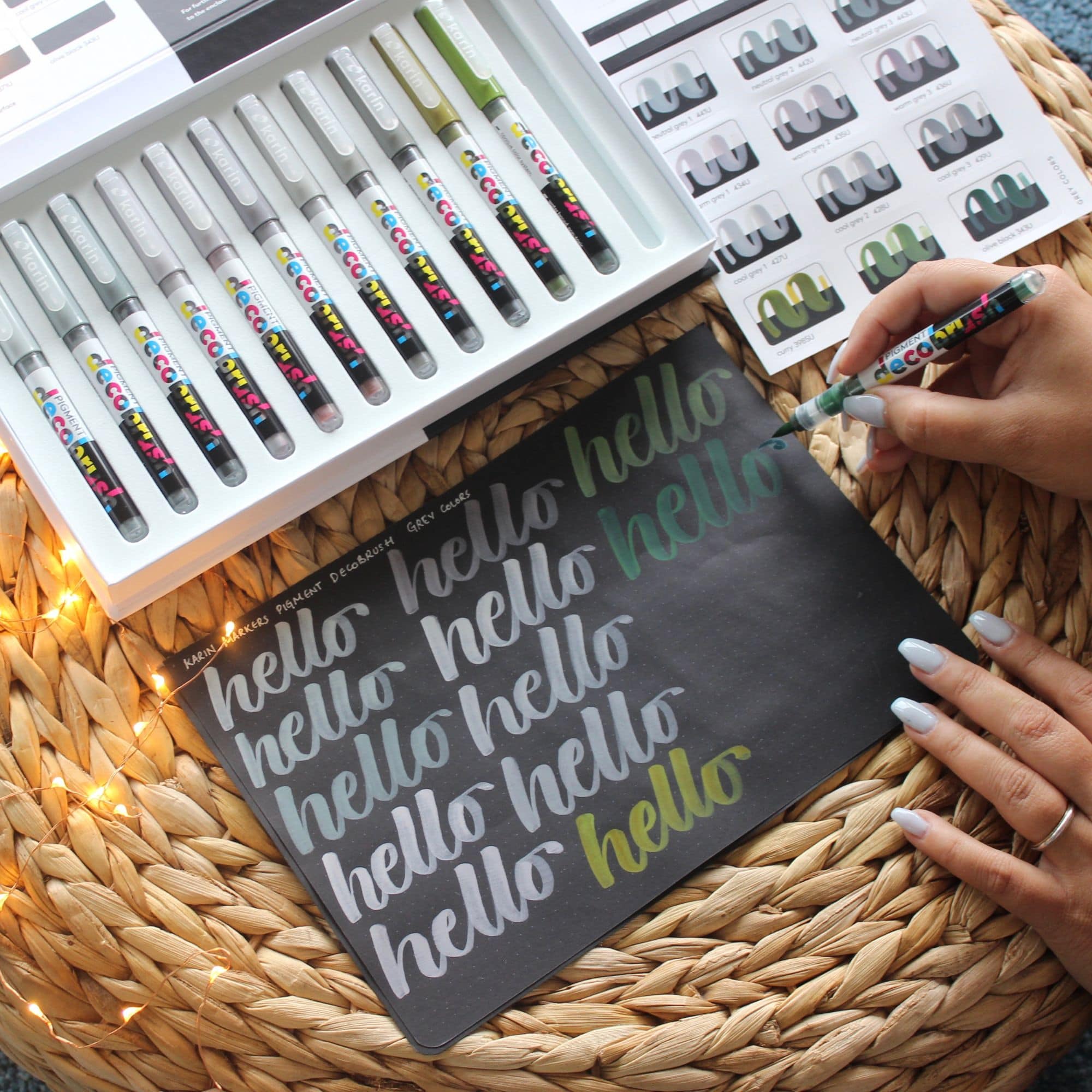 Karin Markers Pigment DecoBrush opaque brush pens Grey Collection swatches - Paper Kooka