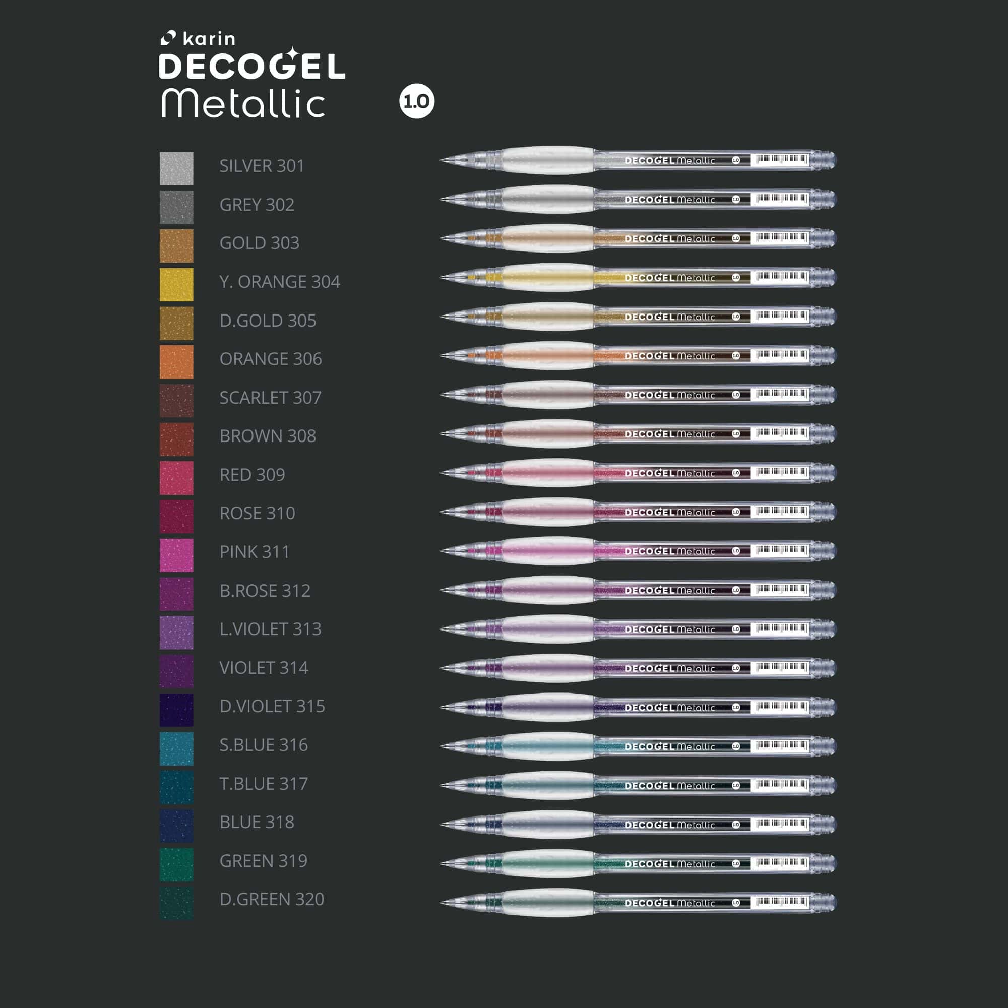 Karin Markers DECOGEL 1.0 Gel Pens - Metallic 20 Colours set colour swatches - Paper Kooka Australia