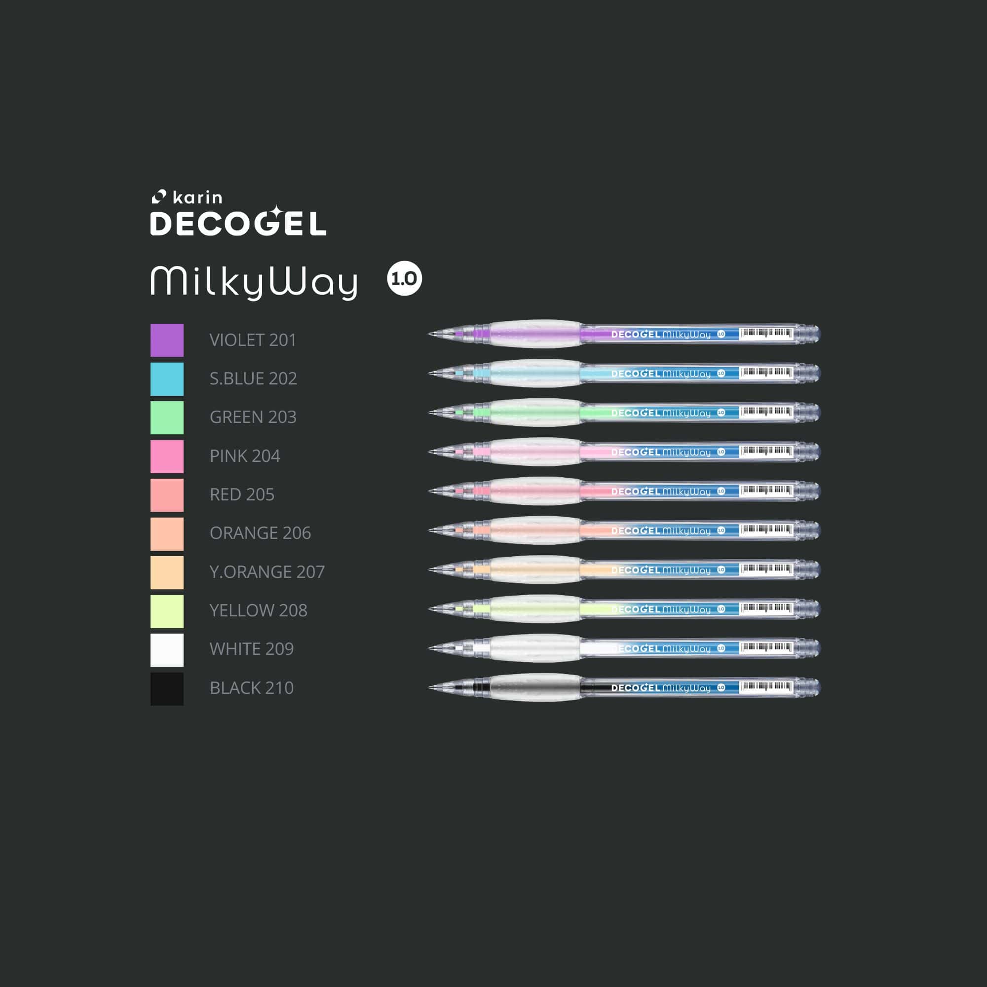 Karin Markers DECOGEL 1.0 Gel Pens - Milky Way 10 Colours set - colour swatches - Paper Kooka Australia