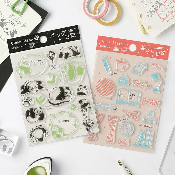 Two clear stamp sheets with panda-themed designs on a white background.
