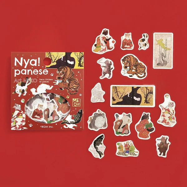 Japanese Cats Art Stickers | Deep Red