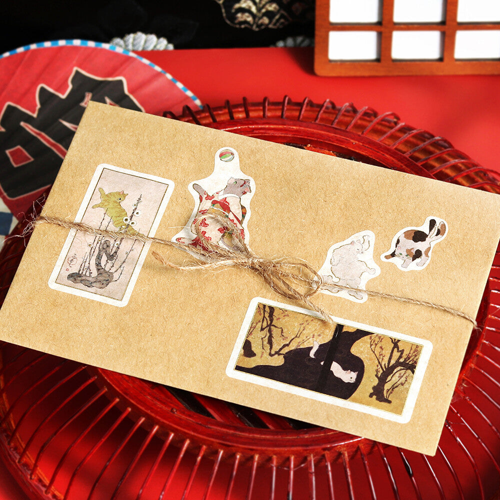Japanese Cats Art Stickers | Deep Red