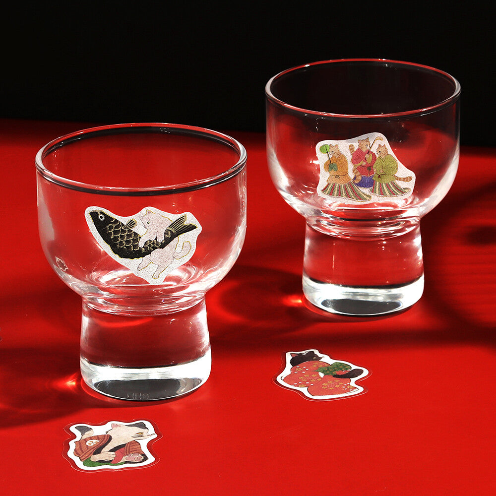 Japanese Cats Art Stickers | Deep Red