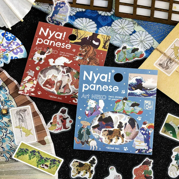 Japanese Cats Art Stickers | Deep Red