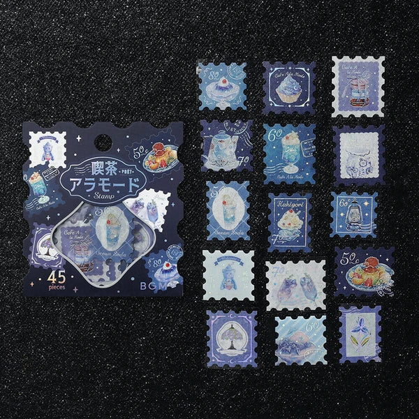 Collection of decorative stamps with a blue and white design on a black background