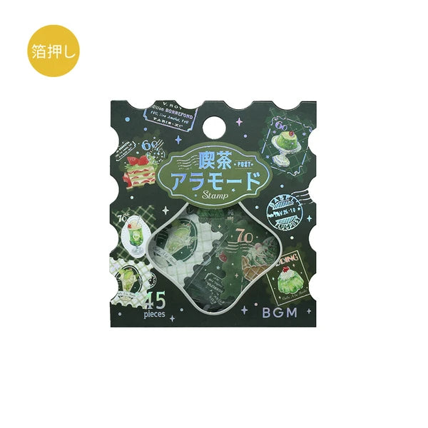 Packaging of a set of stamps with green design and text on a white background