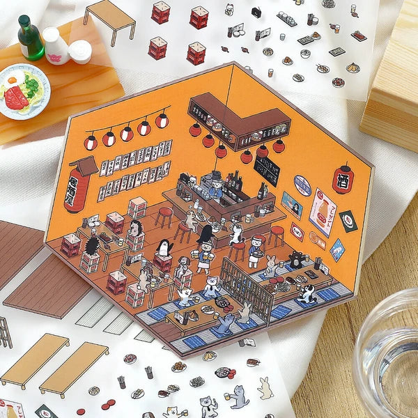 Detailed illustration of a bar scene with various elements on a white background