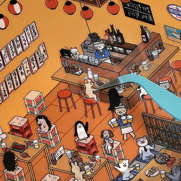 Illustration of a bar with anthropomorphic animals enjoying drinks and food.