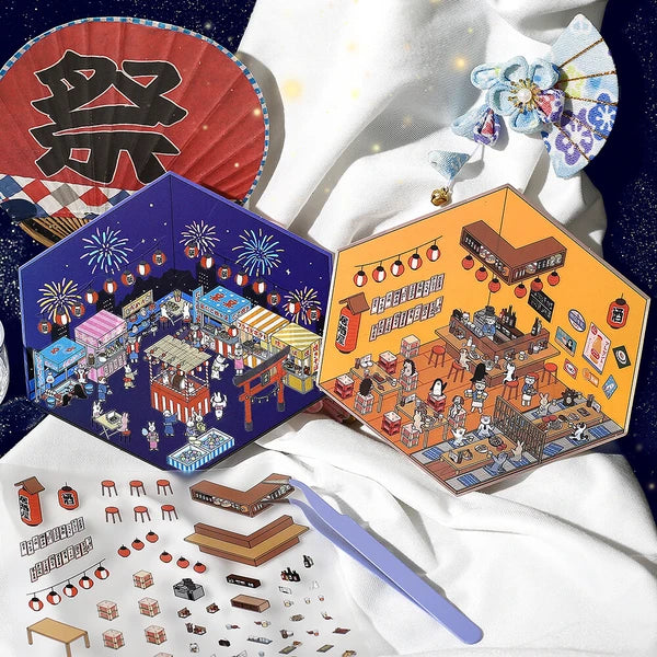 Two colorful board games with detailed illustrations of a festival scene on a white surface.