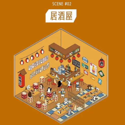 Isometric illustration of a Japanese izakaya bar on an orange background
