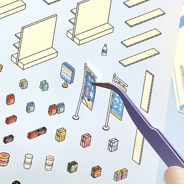 Illustration of a hand pointing at various small products and signs on a light blue background