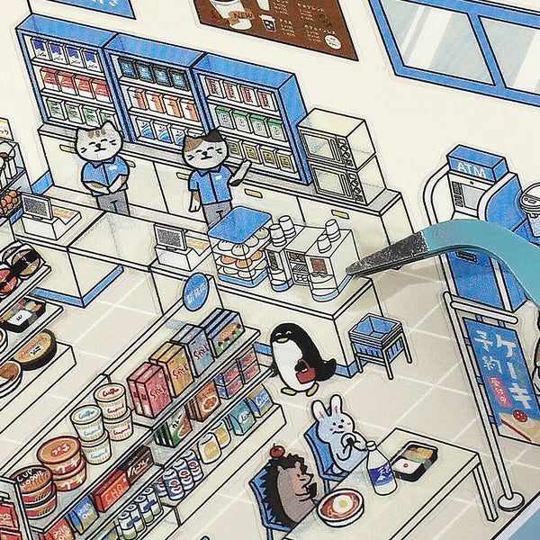 Illustration of a cartoon store interior with various characters and products.