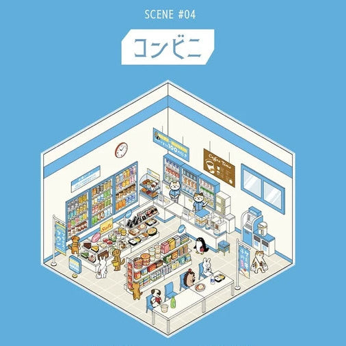Illustration of a convenience store interior with various products and people on a blue background.