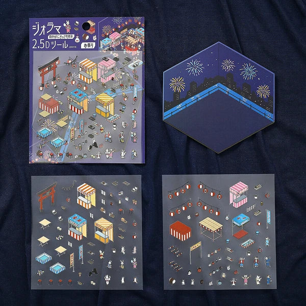 Set of isometric cityscape stickers on a dark blue fabric background