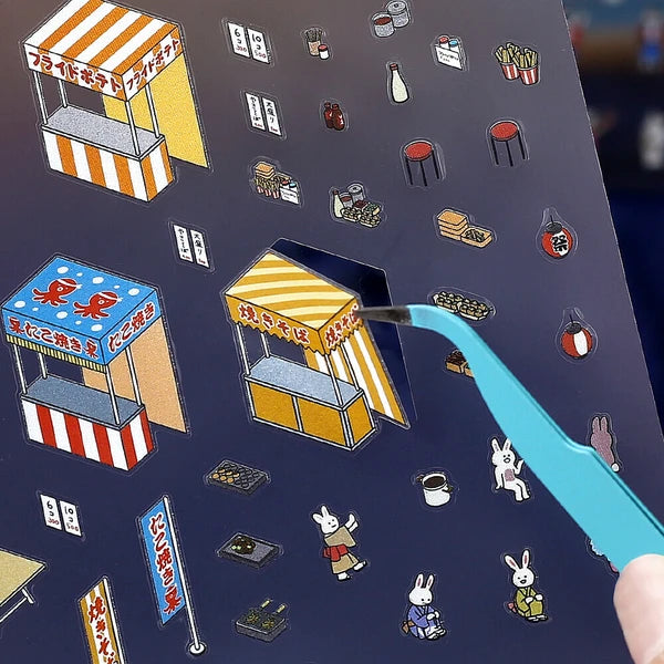 Phone case with cartoon food stalls and characters on a dark background