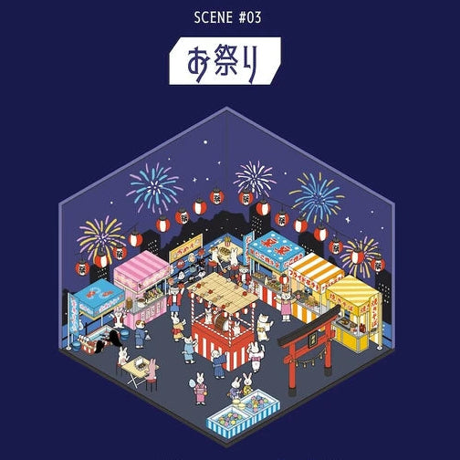 Isometric illustration of a festival scene with colorful stalls and fireworks on a dark blue background.