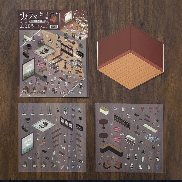 Set of isometric room layout cards on a wooden surface
