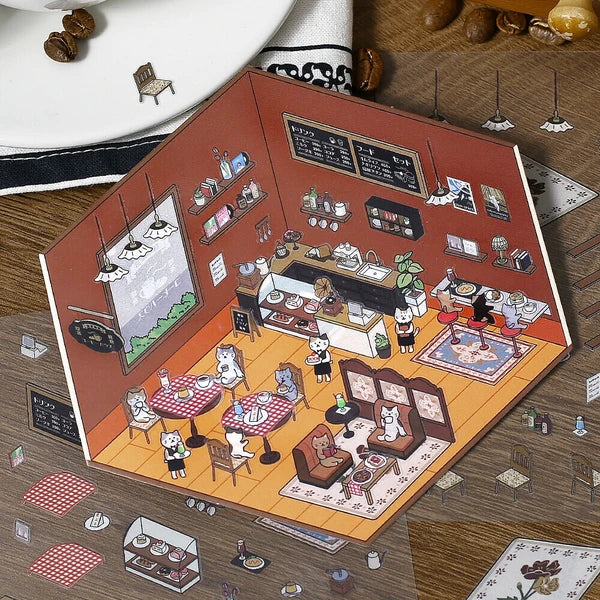 Illustrated miniature model of a cafe with various elements on a wooden surface.