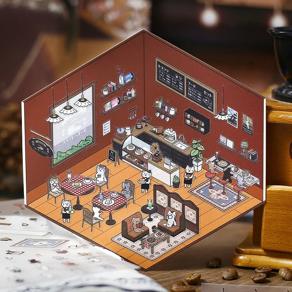 Detailed model of a cafe interior with miniature furniture and decor