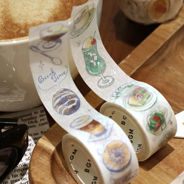 Decorative tape with food illustrations on a wooden surface