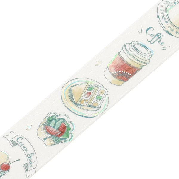 Decorative tape with illustrations of a cake, coffee cup, and other items on a white background