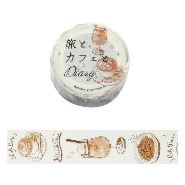 Roll of decorative tape with coffee-themed design and text on a white background